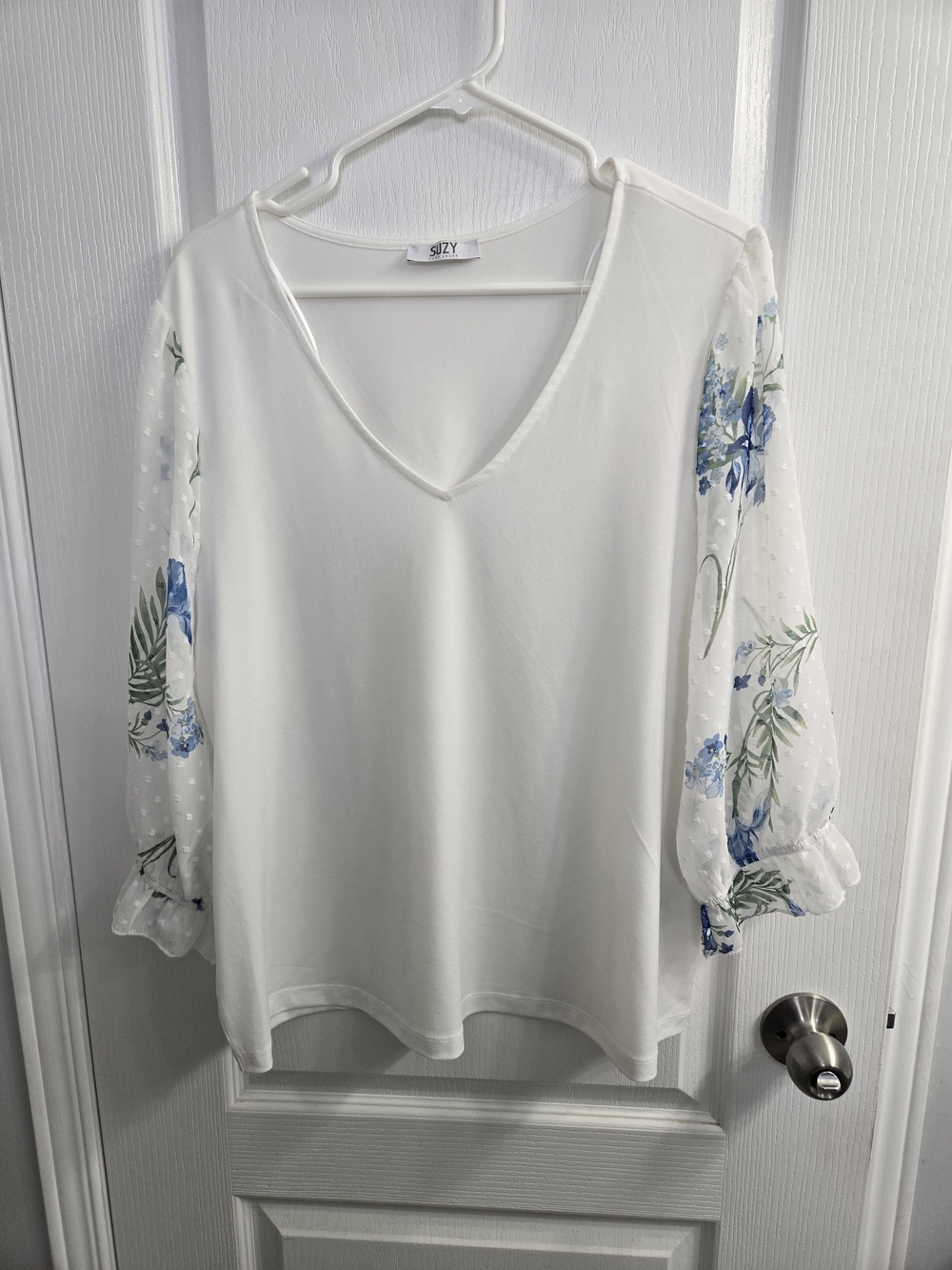 Suzy Shier White V-Neck Blouse with Blue and Green Floral Sheer Sleeves